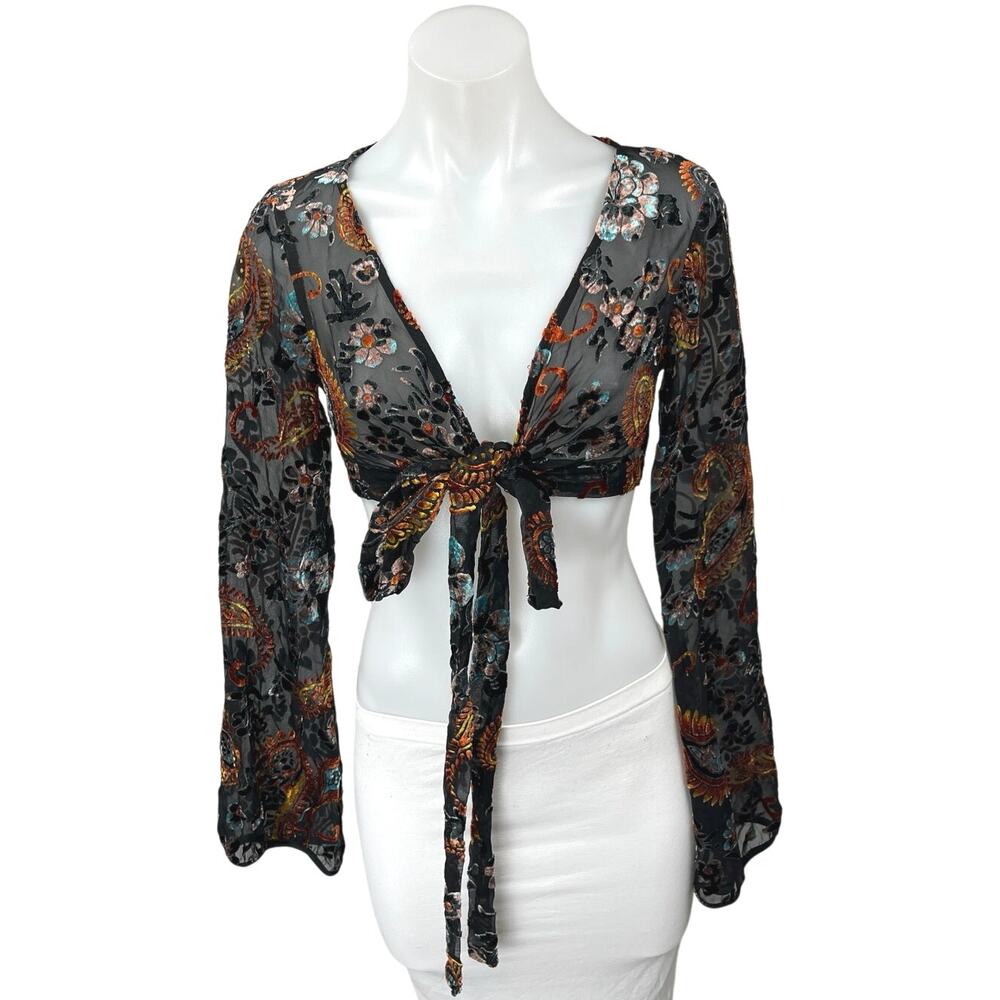 Tiger Mist Black Paisley Floral Sheer Velvet Velour Long Sleeve Crop Top Size S